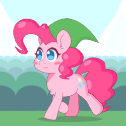 Size: 500x500 | Tagged: safe, artist:omegaozone, derpibooru import, pinkie pie, earth pony, pony, animated, blush sticker, blushing, chest fluff, cute, diapinkes, ear fluff, female, frame by frame, hat, link, mare, parallax scrolling, smiling, solo, the legend of zelda, trotting, walk cycle, walking