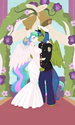 Size: 1156x1920 | Tagged: safe, artist:rapps, derpibooru import, princess celestia, oc, oc:rally flag, alicorn, anthro, pegasus, alternate hairstyle, bell, blushing, canon x oc, clothes, dress, dress uniform, eyes closed, female, flower, flower in hair, holding hands, kissing, male, mare, marriage, rallylestia, ring, shipping, stallion, straight, strapless, wedding, wedding dress, wedding ring