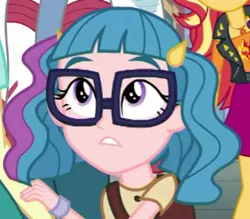 Size: 333x292 | Tagged: safe, derpibooru import, screencap, curly winds, some blue guy, sunset shimmer, technicolor waves, display of affection, equestria girls, equestria girls series, background human, cropped, geode of empathy, glasses, magical geodes, offscreen character