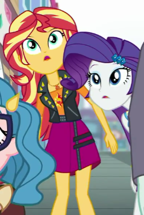 Size: 283x422 | Tagged: safe, derpibooru import, screencap, rarity, sunset shimmer, track starr, display of affection, equestria girls, equestria girls series, cropped, female, geode of empathy, magical geodes, offscreen character