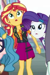 Size: 283x422 | Tagged: safe, derpibooru import, screencap, rarity, sunset shimmer, track starr, display of affection, equestria girls, equestria girls series, cropped, female, geode of empathy, magical geodes, offscreen character