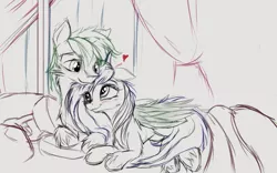 Size: 1920x1200 | Tagged: safe, artist:aurelleah, derpibooru import, oc, oc:ember, oc:emerald stonesetter, unofficial characters only, pegasus, pony, bed, bedroom eyes, blushing, commission, cuddling, curtains, cute, female, happy, heart, hug, male, ocbetes, pillow, prone, romantic, shipping, simple background, sketch, smiling, snuggling, straight, unshorn fetlocks, window, winghug, wip