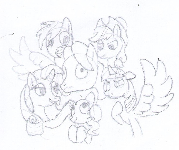 Size: 735x618 | Tagged: alicorn, all the mares tease butterscotch, applejack, artist:jesterofdestiny, black and white, butterscotch, butterscotch gets all the mares, derpibooru import, fluttershy, grayscale, group, half r63 shipping, mane six, monochrome, pinkie pie, rainbow dash, rarity, rule 63, safe, shipping, twilight sparkle, twilight sparkle (alicorn), twiscotch