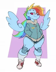 Size: 993x1280 | Tagged: artist:bigdad, clothes, converse, derpibooru import, ear piercing, earring, eyebrow piercing, hoodie, human, humanized, jewelry, knee pads, looking at you, no pupils, piercing, pony coloring, rainbow dash, safe, shoes, shorts, sneakers, socks, solo, spread wings, thunder thighs, winged humanization, wings