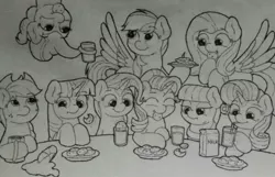 Size: 1112x717 | Tagged: safe, artist:ljdamz1119, derpibooru import, applejack, fluttershy, maud pie, pinkie pie, rainbow dash, rarity, starlight glimmer, trixie, twilight sparkle, earth pony, pegasus, pony, unicorn, cookie, dishes, eating, food, glass, milk, monochrome, table, traditional art