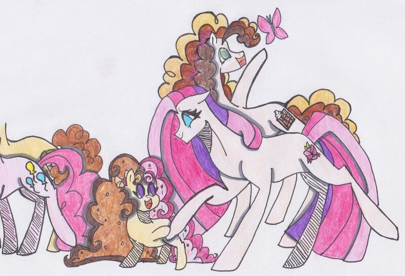 Size: 1024x698 | Tagged: safe, artist:draw1709, derpibooru import, cheese sandwich, pinkie pie, oc, oc:chocolate confection, oc:festival, oc:strawberry surprise, pony, cheesepie, female, male, offspring, parent:cheese sandwich, parent:pinkie pie, parents:cheesepie, shipping, straight, traditional art