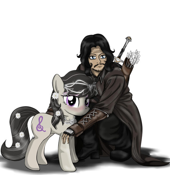 Size: 3300x3400 | Tagged: safe, artist:avchonline, derpibooru import, octavia melody, earth pony, human, pony, anduril, aragorn, arrow, blushing, clothes, crossover, female, flower, flower in hair, human male, lord of the rings, male, mare, simple background, sword, weapon