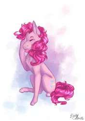 Size: 2039x2893 | Tagged: safe, artist:sketchiibeats, derpibooru import, pinkie pie, earth pony, pony, chest fluff, high res, pinkie promise, sitting, smiling, solo, tongue out