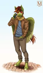 Size: 776x1300 | Tagged: anthro, artist:margony, clothes, commission, derpibooru import, female, hand in pocket, jacket, looking at you, mare, oc, oc:olive hue, pegasus, phone, safe, scarf, smiling, solo, unguligrade anthro, unofficial characters only, unshorn fetlocks