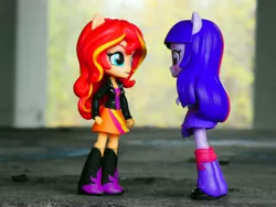 Size: 4896x3672 | Tagged: safe, artist:artofmagicpoland, derpibooru import, sunset shimmer, twilight sparkle, equestria girls, clothes, confrontation, cute, doll, equestria girls minis, eqventures of the minis, shimmerbetes, skirt, toy, twiabetes