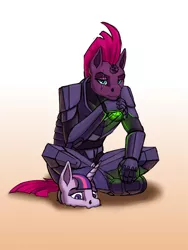 Size: 750x1000 | Tagged: semi-grimdark, artist:wwredgrave, derpibooru import, tempest shadow, twilight sparkle, alicorn, anthro, unicorn, my little pony: the movie, armor, broken horn, buried, clothes, eye scar, far cry 3, female, looking at you, mare, sand, scar, wip