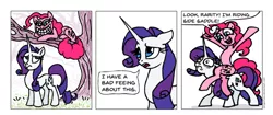 Size: 1576x662 | Tagged: safe, artist:gingerfoxy, derpibooru import, pinkie pie, rarity, earth pony, pony, unicorn, pony comic generator, cheshire cat, cheshire cat grin, comic, grin, misspelling, ponies riding ponies, smiling