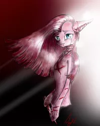 Size: 1194x1500 | Tagged: grimdark, artist:retina-somnium, derpibooru import, pinkie pie, earth pony, pony, abuse, blood, bust, crying, cut, female, flowing mane, knife, looking at you, pinkamena diane pie, pinkiebuse, self harm, solo