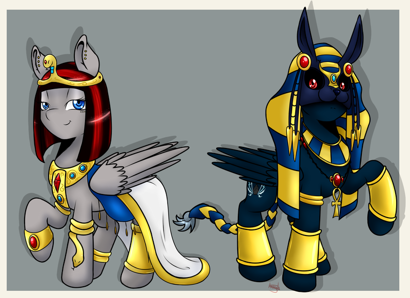 Size: 1650x1200 | Tagged: safe, artist:akashasi, derpibooru import, oc, oc:aulann, oc:ricochert, unofficial characters only, pegasus, pony, sphinx, anubis, clothes, costume, egyptian, female, mare, nightmare night costume, raised hoof, sphinx oc