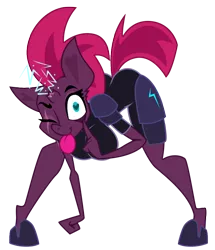 Size: 696x811 | Tagged: suggestive, artist:lil miss jay, derpibooru import, fizzlepop berrytwist, tempest shadow, anthro, unguligrade anthro, unicorn, my little pony: the movie, armor, bending, breasts, broken horn, busty tempest shadow, chibbers, clothes, cute, eye scar, female, heart eyes, horn, looking at you, mare, one eye closed, out of character, scar, simple background, smiling, solo, solo female, sparking horn, tongue out, transparent background, wingding eyes, wink