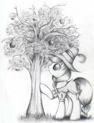 Size: 997x1295 | Tagged: safe, artist:nika191319, derpibooru import, applejack, smart cookie, earth pony, pony, clothes, female, mare, monochrome, simple background, sketch, solo, tree