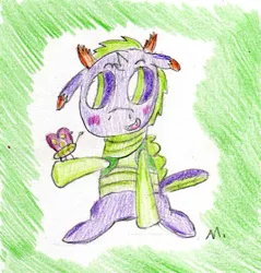 Size: 577x603 | Tagged: artist:ptitemouette, butterfly, derpibooru import, gay, interspecies offspring, magical gay spawn, male, next generation, parent:spike, parents:thoraxspike, parent:thorax, safe, shipping, thoraxspike, traditional art