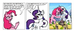 Size: 1575x662 | Tagged: safe, artist:gingerfoxy, derpibooru import, pinkie pie, rarity, earth pony, pony, unicorn, pony comic generator, comic, fight, macro, ponyville