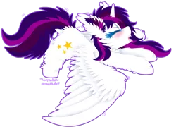 Size: 1024x739 | Tagged: safe, artist:vanillaswirl6, derpibooru import, oc, oc:twily star, unofficial characters only, alicorn, pony, alicorn oc, blushing, chibi, dock, drool, eyes closed, female, fluffy, mare, open mouth, raffle prize, sharp teeth, simple background, solo, spread wings, stretching, teeth, tongue out, transparent background, wings, yawn