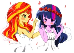 Size: 879x629 | Tagged: safe, artist:lotte, derpibooru import, sunset shimmer, twilight sparkle, equestria girls, blush sticker, blushing, clothes, cute, dress, female, floral head wreath, flower, flower petals, lesbian, looking at each other, shimmerbetes, shipping, summer dress, sunsetsparkle, twiabetes