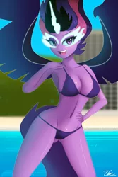 Size: 1280x1920 | Tagged: suggestive, artist:zelc-face, derpibooru import, sci-twi, twilight sparkle, equestria girls, friendship games, armpits, bikini, breasts, busty twilight sparkle, clothes, commission, female, lidded eyes, looking at you, midnight sparkle, open mouth, sexy, smiling, solo, solo female, stupid sexy midnight sparkle, swimsuit, underass