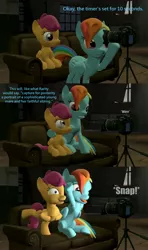 Size: 1920x3240 | Tagged: safe, artist:red4567, derpibooru import, rainbow dash, scootaloo, pegasus, pony, 3d, balancing, bipedal, camera, chicken dance, comic, couch, dialogue, eye contact, female, filly, garfield, hoof hold, hug, looking at each other, majestic as fuck, open mouth, raised leg, scootachicken, scootalove, silly, silly pony, sitting, smiling, source filmmaker, text, tongue out, wide eyes