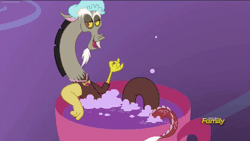 Size: 480x270 | Tagged: animated, bathing, celestial advice, cup, cup of pony, derpibooru import, discord, gif, hat, micro, safe, screencap, shower cap, solo, teacup
