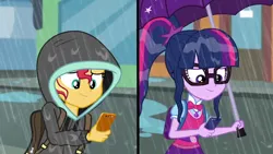 Size: 1280x720 | Tagged: safe, derpibooru import, screencap, sci-twi, sunset shimmer, twilight sparkle, eqg summertime shorts, equestria girls, monday blues, backpack, clothes, geode of telekinesis, hoodie, magical geodes, mobile phone, phone, rain, smartphone, umbrella