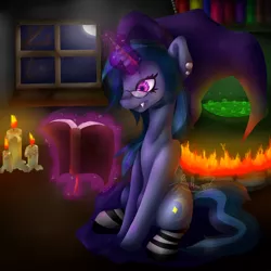 Size: 3160x3160 | Tagged: safe, artist:finniminninyaa, derpibooru import, oc, oc:lydia, unofficial characters only, pony, unicorn, book, candle, cauldron, clothes, female, fire, high res, magic, mare, sitting, socks, solo