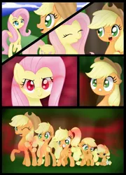 Size: 1024x1422 | Tagged: safe, artist:bonsia-lucky, derpibooru import, applejack, fluttershy, pony, comic:on your own, age regression, baby, baby pony, babyjack, comic, foal, red eyes, sombra eyes