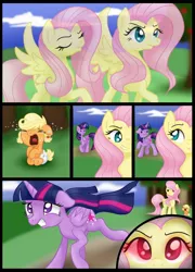 Size: 1024x1422 | Tagged: safe, artist:bonsia-lucky, derpibooru import, applejack, fluttershy, twilight sparkle, twilight sparkle (alicorn), alicorn, pony, comic:on your own, age regression, baby, baby pony, babyjack, comic, crying, foal, growth, red eyes