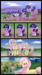 Size: 1024x1820 | Tagged: safe, artist:bonsia-lucky, derpibooru import, fluttershy, twilight sparkle, twilight sparkle (alicorn), alicorn, pony, unicorn, comic:on your own, age progression, age regression, baby, baby pony, babylight sparkle, comic, crying, foal, growth, mental regression, red eyes