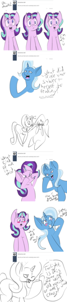 Size: 1280x5760 | Tagged: safe, artist:starxieeveryday, derpibooru import, starlight glimmer, trixie, pony, unicorn, ask, blushing, comic, female, lesbian, shipping, startrix, tumblr