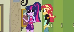 Size: 1600x706 | Tagged: safe, artist:thomaszoey3000, derpibooru import, sci-twi, sunset shimmer, twilight sparkle, equestria girls, clothes, glasses, jacket, leather jacket, ponytail