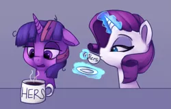 Size: 1193x763 | Tagged: safe, artist:lilfunkman, derpibooru import, rarity, twilight sparkle, pony, unicorn, coffee, cup, duo, duo female, eyeshadow, female, glowing horn, lesbian, lidded eyes, magic, makeup, messy mane, mug, open mouth, rarilight, shipping, sipping, telekinesis, tired