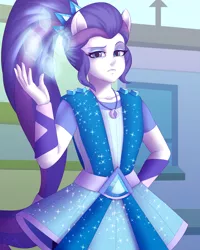 Size: 2400x3000 | Tagged: safe, artist:souladdicted, derpibooru import, rarity, equestria girls, equestria girls series, super squad goals, alternate hairstyle, canterlot city, clothes, crystal guardian, female, geode of shielding, looking at you, magic, pony ears, scene interpretation, solo, super ponied up