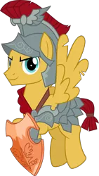 Size: 4817x8538 | Tagged: safe, artist:jhayarr23, derpibooru import, flash magnus, pegasus, pony, campfire tales, shadow play, absurd resolution, armor, flying, helmet, looking at you, male, netitus, royal legion, shield, simple background, smiling, solo, stallion, torn wings, transparent background, vector