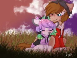 Size: 1600x1200 | Tagged: safe, artist:red_moonwolf, derpibooru import, oc, oc:winter aurora, oc:zone blitz, unofficial characters only, deer, annoyed, antlers, beanie, blushing, clothes, cute, deer oc, doe, ethereal mane, facial hair, female, hat, hoodie, image, png, size difference, snuggling, sparkles