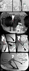 Size: 1200x2953 | Tagged: safe, artist:omny87, derpibooru import, fluttershy, pony, comic:marble pegasi, blue eyes, comic, comically missing the point, faceless male, gasp, limited palette, male, marble hornets, monochrome, necktie, offscreen character, prehensile tail, singing, slenderman, slendermane, slenderpony