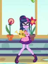 Size: 1536x2048 | Tagged: safe, derpibooru import, screencap, sci-twi, twilight sparkle, equestria girls, equestria girls series, my little shop of horrors, apron, boots, clothes, cute, flower, glasses, gloves, plant, potted plant, shoes, soaked, solo, stars, twiabetes, window