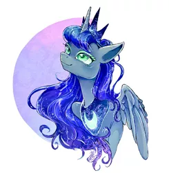 Size: 800x816 | Tagged: source needed, safe, artist:sibashen, derpibooru import, princess luna, alicorn, pony, bust, crown, eyeshadow, female, jewelry, looking up, makeup, mare, regalia, smiling, solo, wings