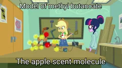 Size: 3416x1920 | Tagged: safe, derpibooru import, edit, edited screencap, screencap, applejack, sci-twi, twilight sparkle, equestria girls, equestria girls series, the finals countdown, chemistry, chemistry joke, clothes, female, glasses, methyl butanoate, methyl butyrate, molecule, science