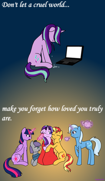 Size: 1283x2217 | Tagged: safe, artist:hayley566, derpibooru import, boulder (pet), maud pie, starlight glimmer, sunset shimmer, trixie, twilight sparkle, twilight sparkle (alicorn), alicorn, earth pony, pony, unicorn, blanket, comforting, computer, crying, cup, cute, drama, eyes closed, female, floppy ears, glimmerbetes, glowing horn, heartwarming, hug, in defense of starlight, laptop computer, magic, mare, one eye closed, positive message, positive ponies, sad, sadlight glimmer, sitting, starlight drama, starlight drama drama, teacup, teapot, telekinesis, there is hope