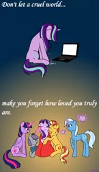 Size: 1283x2217 | Tagged: safe, artist:hayley566, derpibooru import, boulder (pet), maud pie, starlight glimmer, sunset shimmer, trixie, twilight sparkle, twilight sparkle (alicorn), alicorn, earth pony, pony, unicorn, blanket, comforting, computer, crying, cup, cute, drama, eyes closed, female, floppy ears, glimmerbetes, glowing horn, heartwarming, hug, in defense of starlight, laptop computer, magic, mare, one eye closed, positive message, positive ponies, sad, sadlight glimmer, sitting, starlight drama, starlight drama drama, teacup, teapot, telekinesis, there is hope