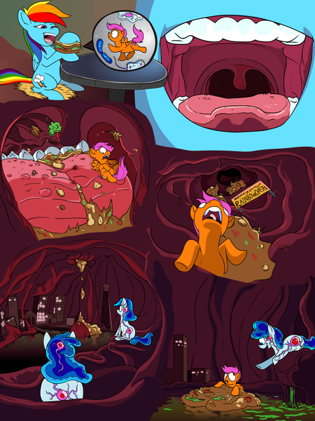 Size: 6000x8000 | Tagged: questionable, artist:feedfancier, derpibooru import, rainbow dash, scootaloo, oc, pegasus, pony, fanfic, fanfic:a small issue, absurd resolution, city, comic, endosoma, esophagus, fanfic art, female, fetish, filly, food, graffiti, gullet, inside mouth, inside stomach, internal, mare, mawshot, micro, microscopic, mouth cam, non-fatal vore, offscreen character, open mouth, pov, preddash, sign, stomach, stomach acid, stomach walls, taste buds, tongue out, unaware, uvula, vore