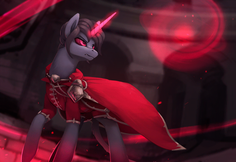 Size: 800x549 | Tagged: safe, artist:rodrigues404, derpibooru import, oc, oc:metus, unofficial characters only, pony, unicorn, animated, cape, cinemagraph, clothes, commission, evil eyes, glowing horn, male, stallion