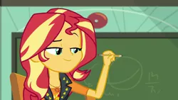 Size: 1280x720 | Tagged: safe, derpibooru import, screencap, sunset shimmer, equestria girls, equestria girls series, the finals countdown, pencil, solo