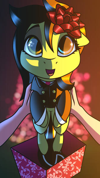 Size: 2250x4000 | Tagged: safe, derpibooru import, oc, unofficial characters only, pony, blurred background, bokeh, christmas, christmas lights, christmas tree, clothes, cute, depth of field, female, holding a pony, holiday, image, mare, offscreen character, png, pov, present, solo, tree, ych result