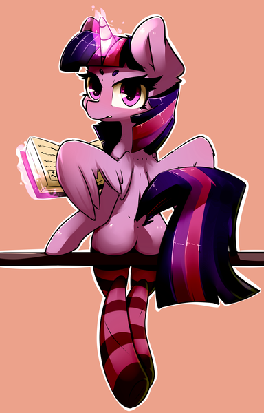 Size: 3006x4696 | Tagged: suggestive, artist:bloodatius, derpibooru import, twilight sparkle, twilight sparkle (alicorn), alicorn, pony, book, clothes, dock, female, glowing horn, looking at you, looking back, looking back at you, magic, mare, plot, rear view, socks, solo, solo female, striped socks, telekinesis, thigh highs