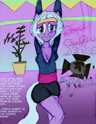 Size: 764x980 | Tagged: 80s, aerobics, anthro, artist:php42, clothes, crying inside, derpibooru import, dialogue, female, fond feather, nervous, safe, solo, vaporwave, workout, workout outfit